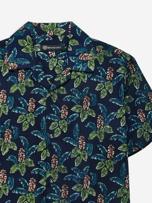 Navy Blue & Green Floral Printed Cuban Collar Shirt Brumano Pakistan