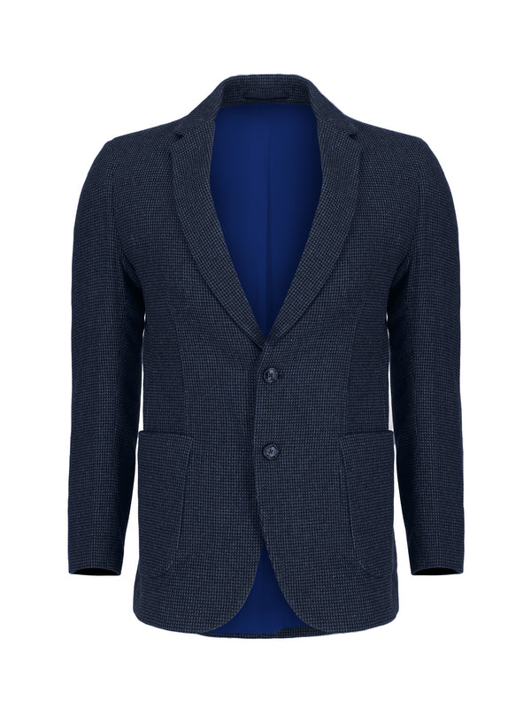 Navy Blue & Grey Dobby Wool & Cashmere Blazer - Sartoria