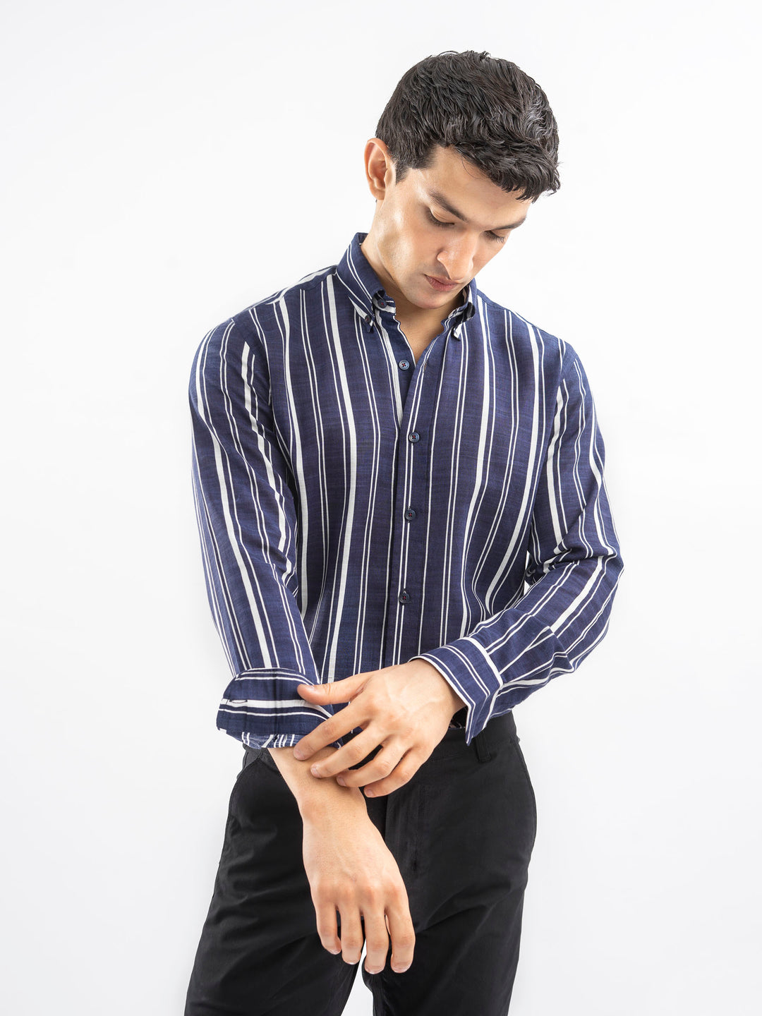 Navy Blue & White Bold Striped Button Down Shirt