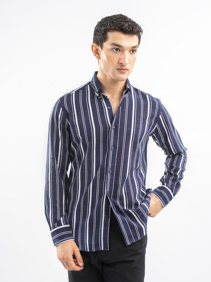 Navy Blue & White Bold Striped Button Down Shirt
