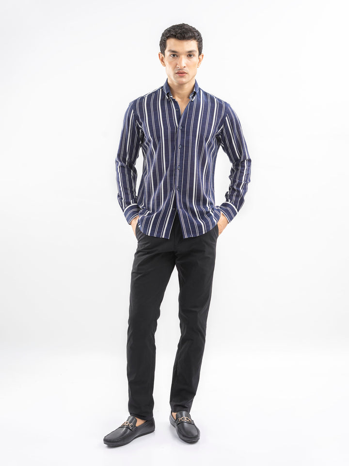 Navy Blue & White Bold Striped Button Down Shirt