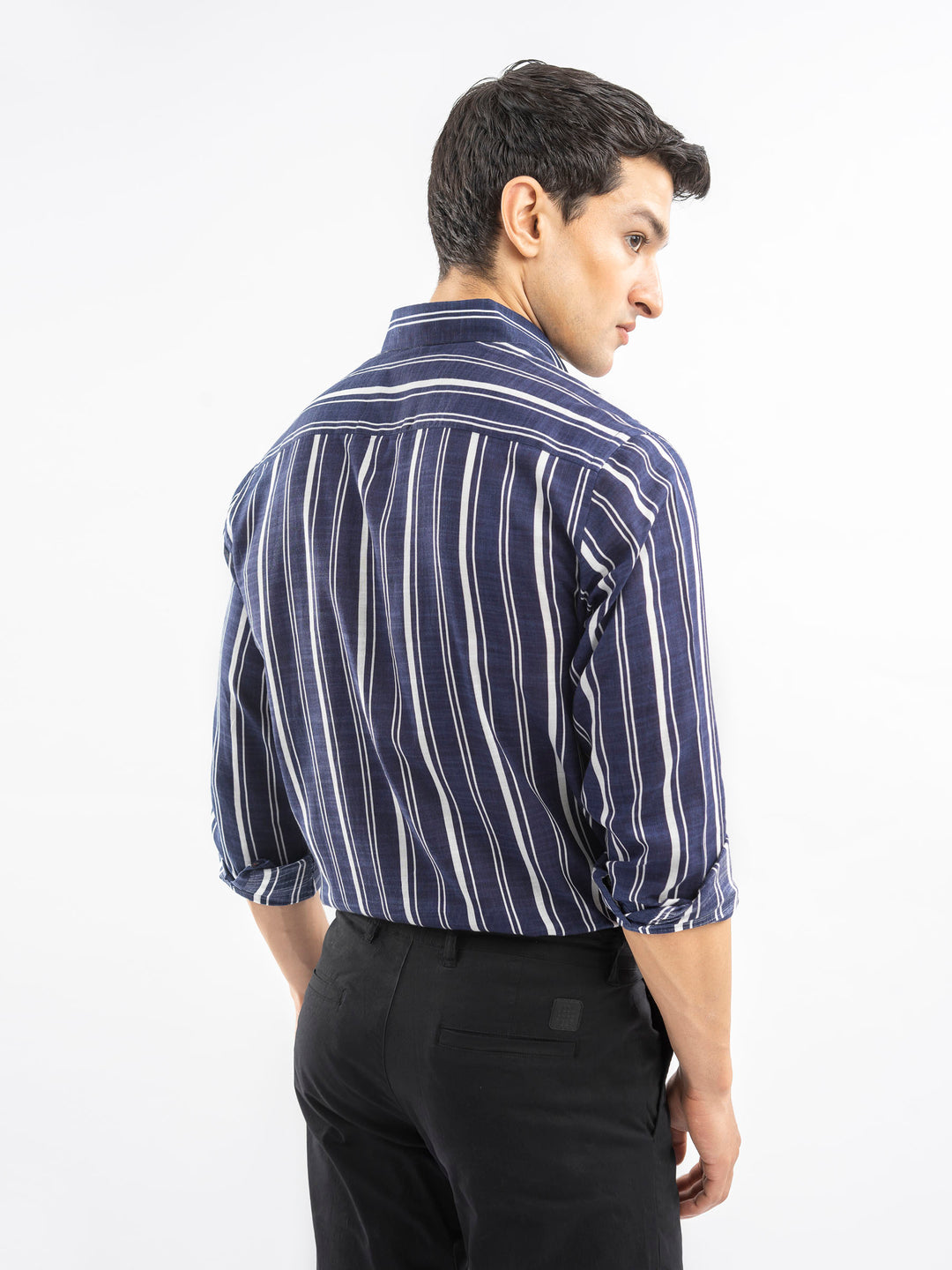 Navy Blue & White Bold Striped Button Down Shirt
