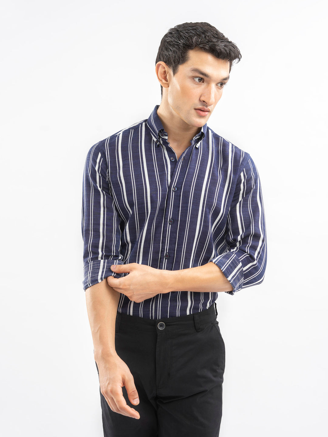Navy Blue & White Bold Striped Button Down Shirt