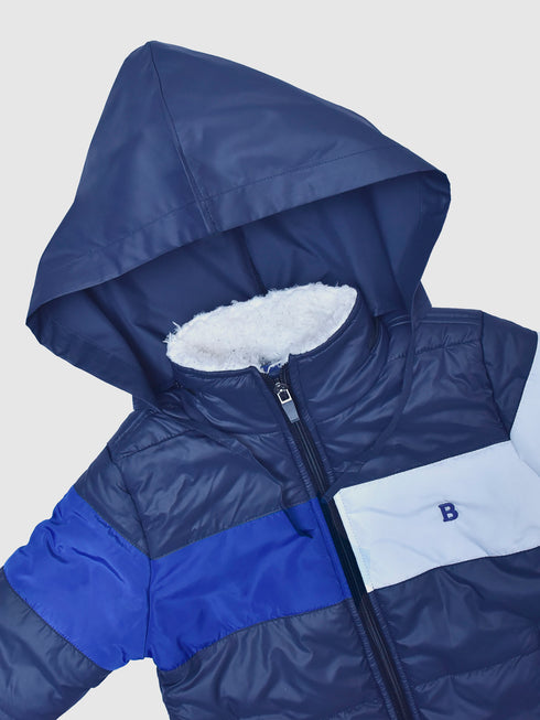 Navy Blue & White Casual Puffer Jacket With Sherpa & Hidden Hoodie