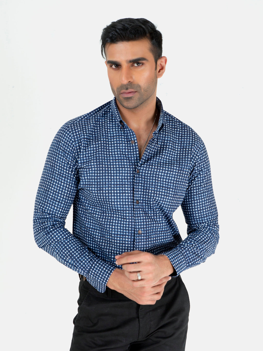 Navy Blue & White Printed Button Down Shirt