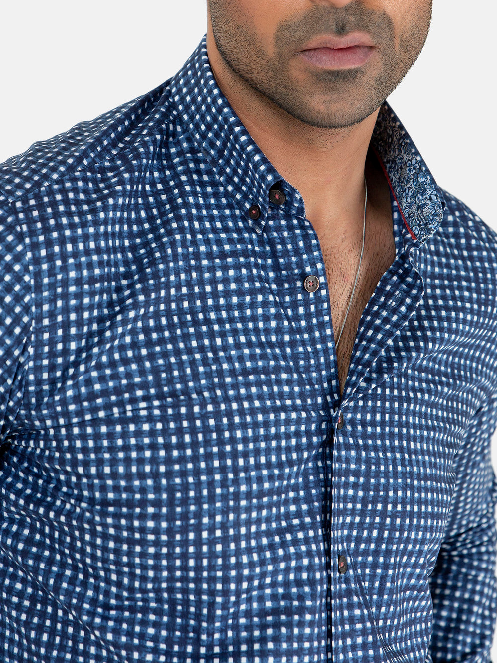 Navy Blue & White Printed Button Down Shirt
