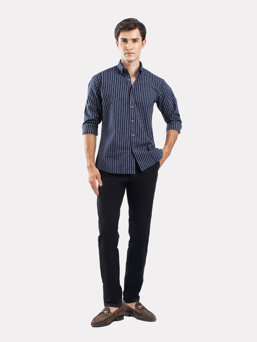 Navy Blue & White Striped Button Down Shirt