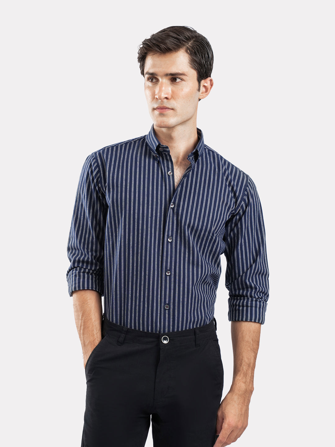 Navy Blue & White Striped Button Down Shirt