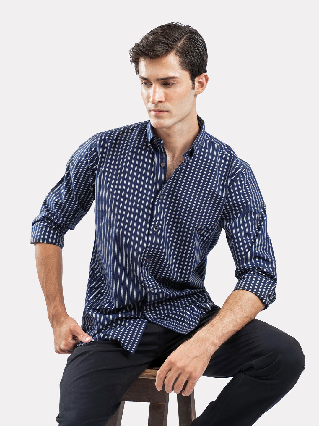 Navy Blue & White Striped Button Down Shirt