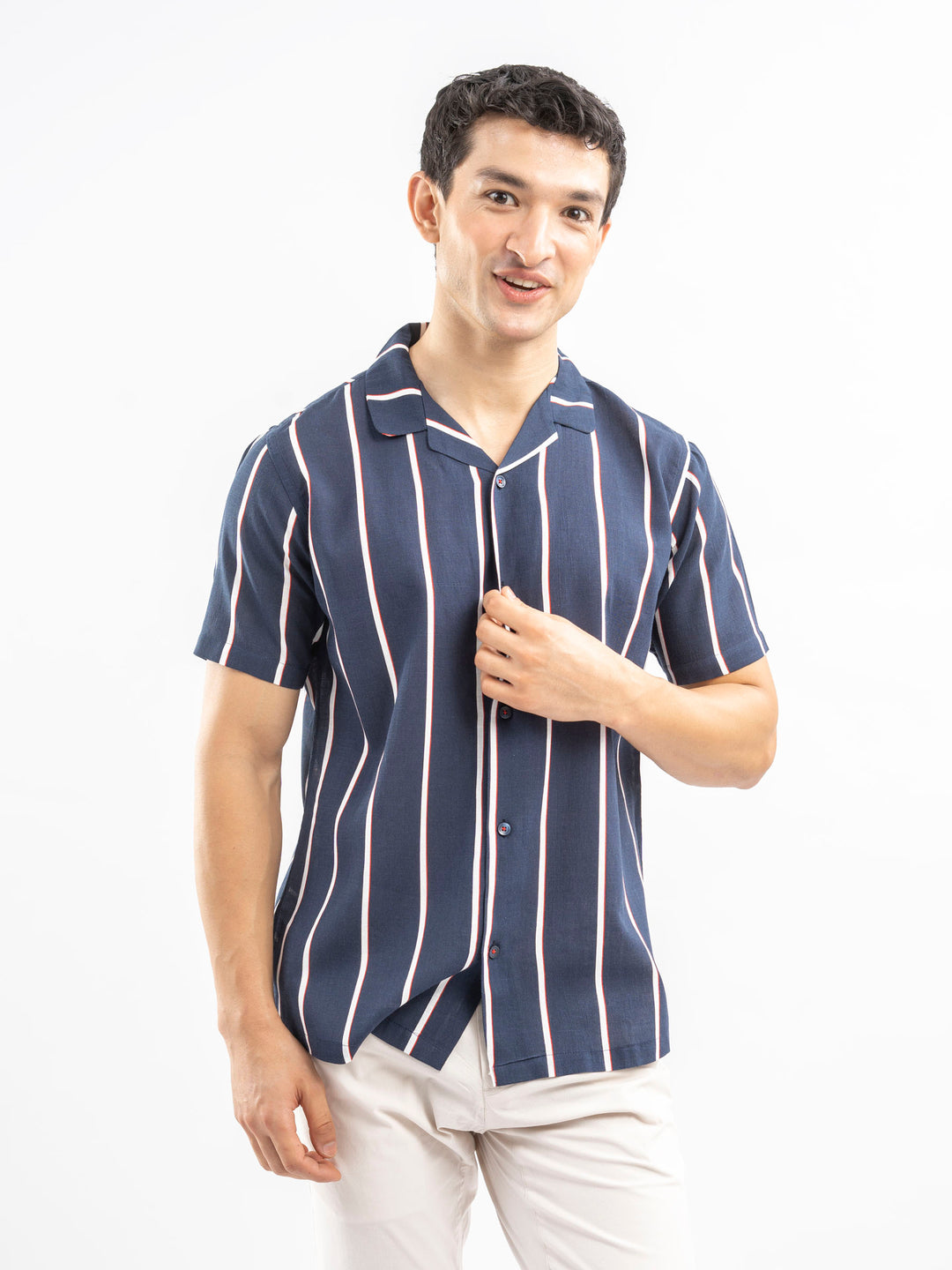 Navy Blue & White Striped Cuban Collar Shirt