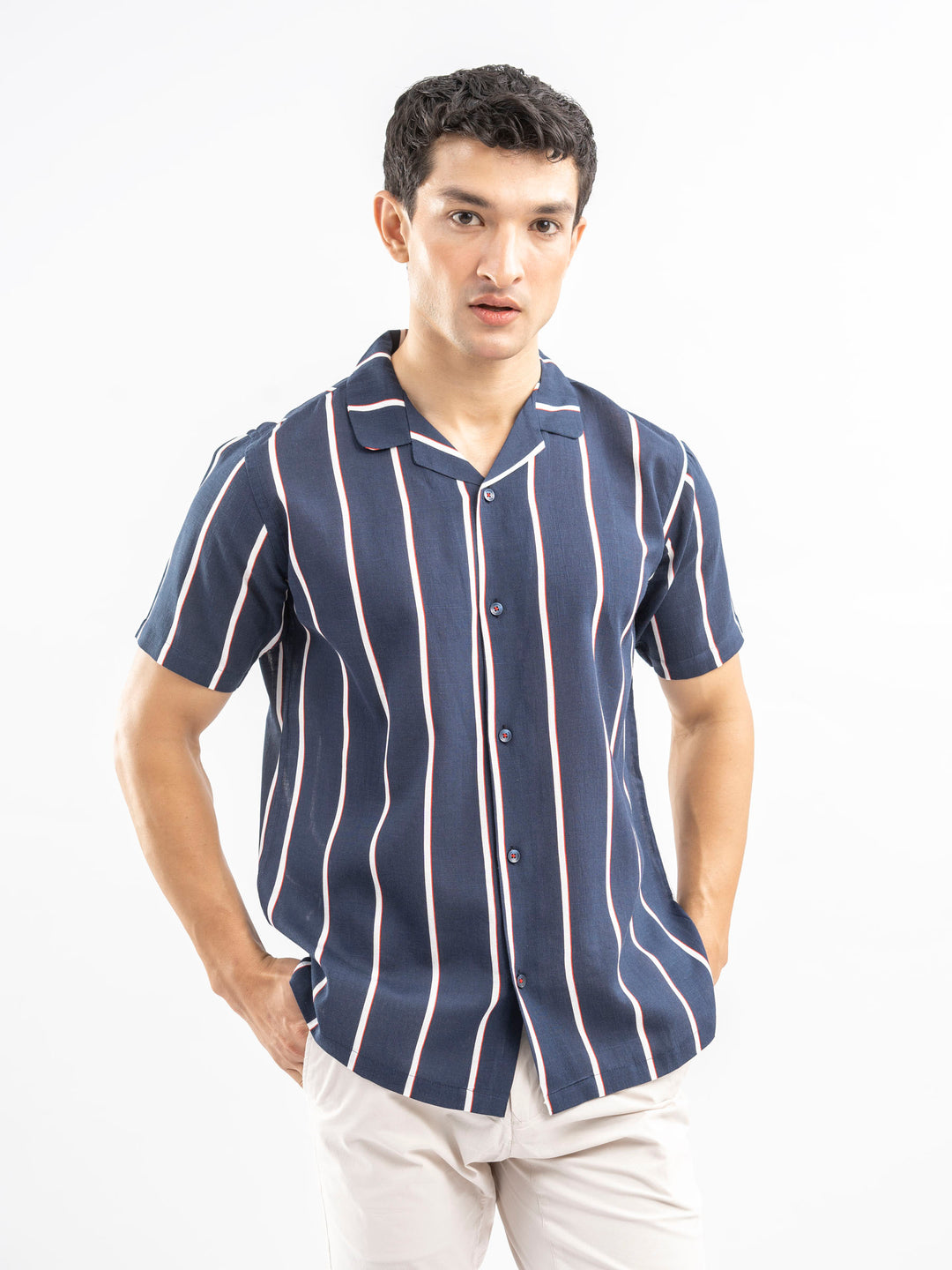 Navy Blue & White Striped Cuban Collar Shirt