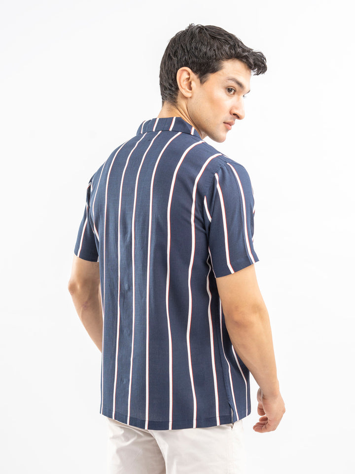 Navy Blue & White Striped Cuban Collar Shirt