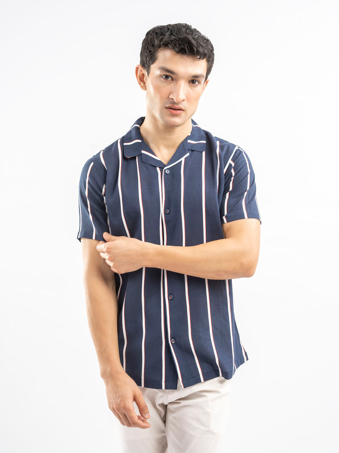 Navy Blue & White Striped Cuban Collar Shirt