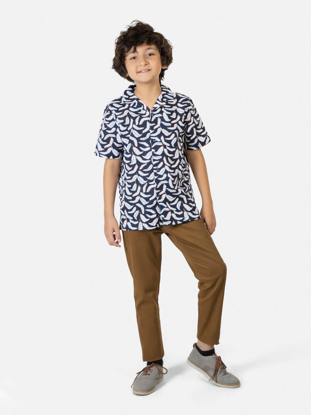 Navy Feather Printed Cuban Collar Half Sleeve Casual Shirt Brumano Pakistan