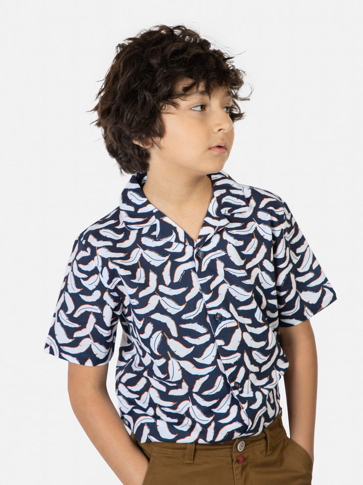 Navy Feather Printed Cuban Collar Half Sleeve Casual Shirt Brumano Pakistan