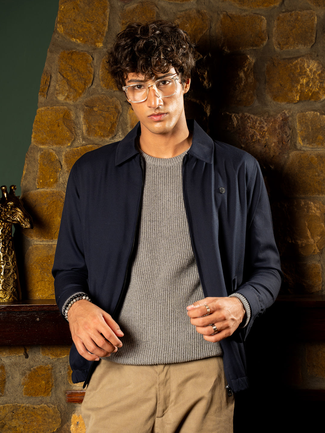 Navy Twill Harrington Jacket With Collar