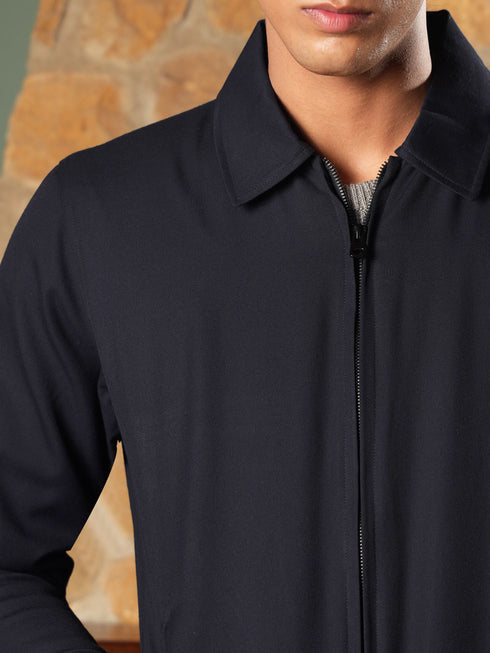 Navy Twill Harrington Jacket With Collar