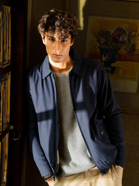 Navy Twill Harrington Jacket With Collar