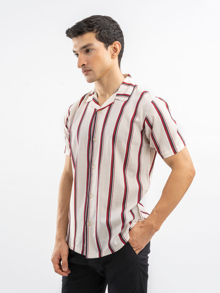 Off-White & Red Striped Cuban Collar Shirt