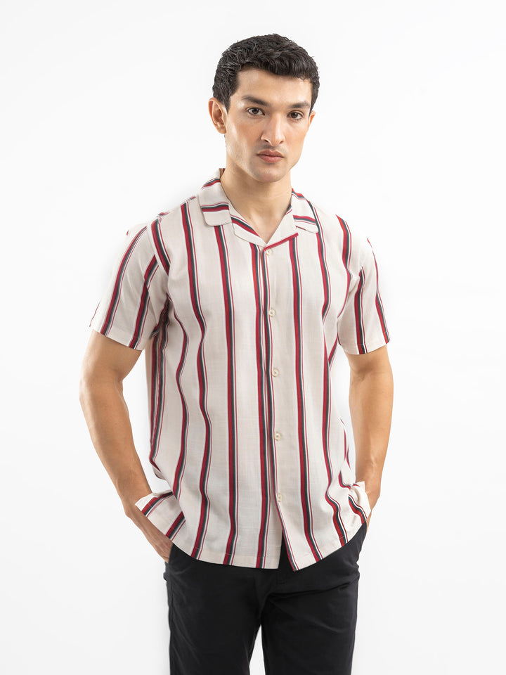 Off-White & Red Striped Cuban Collar Shirt