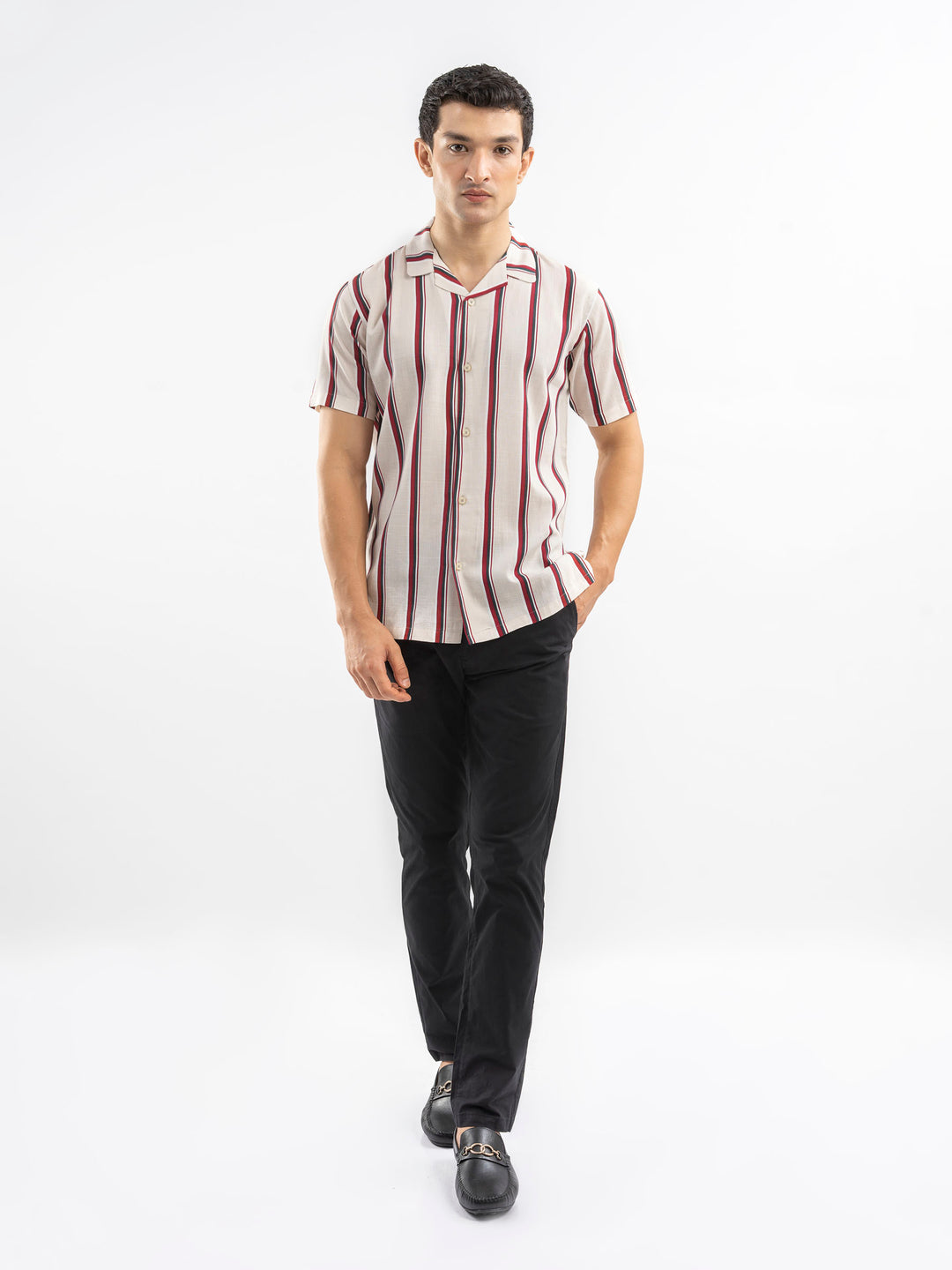 Off-White & Red Striped Cuban Collar Shirt