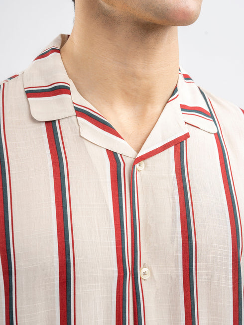 Off-White & Red Striped Cuban Collar Shirt