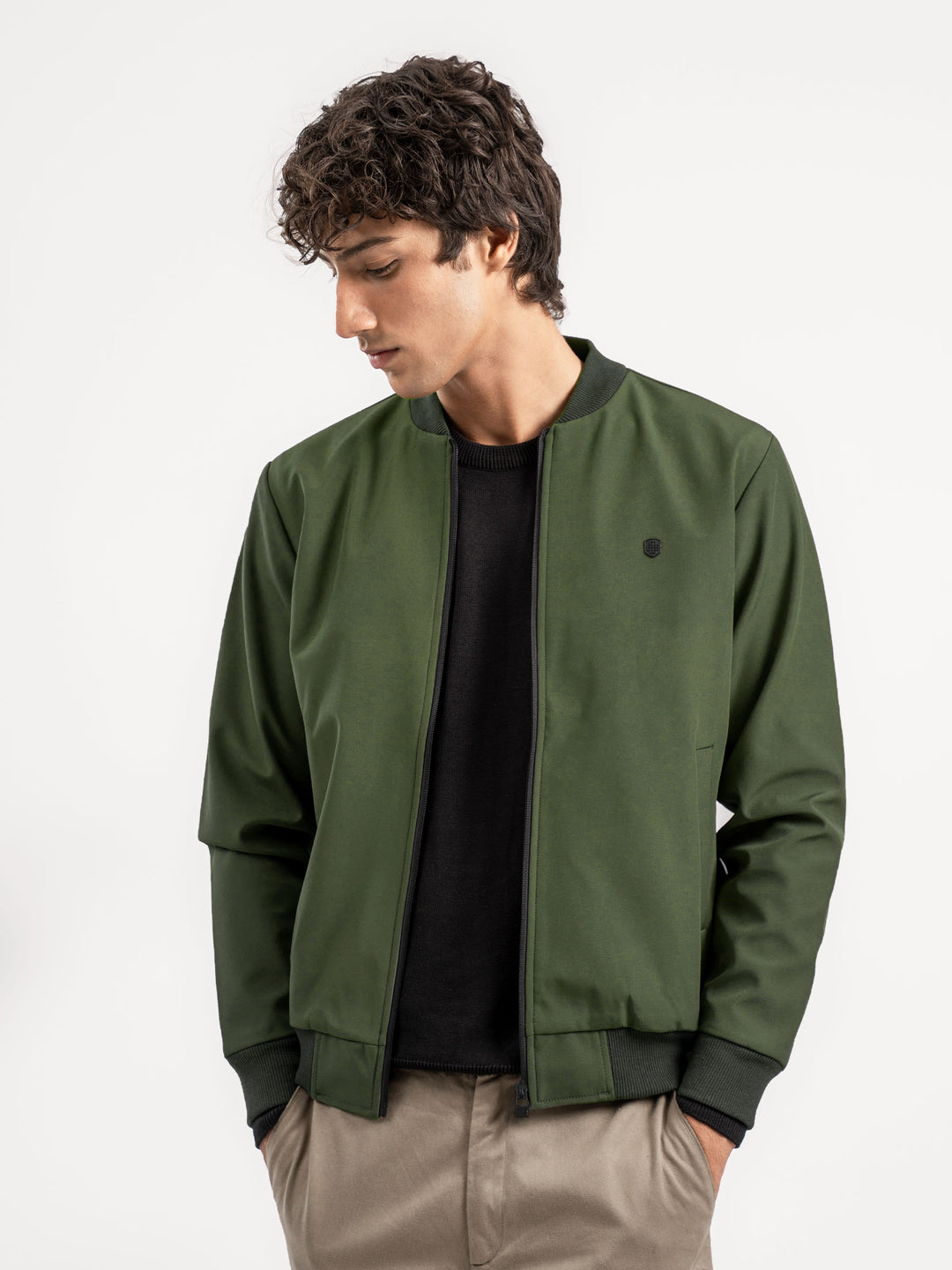 Men's olive green bomber jacket front view