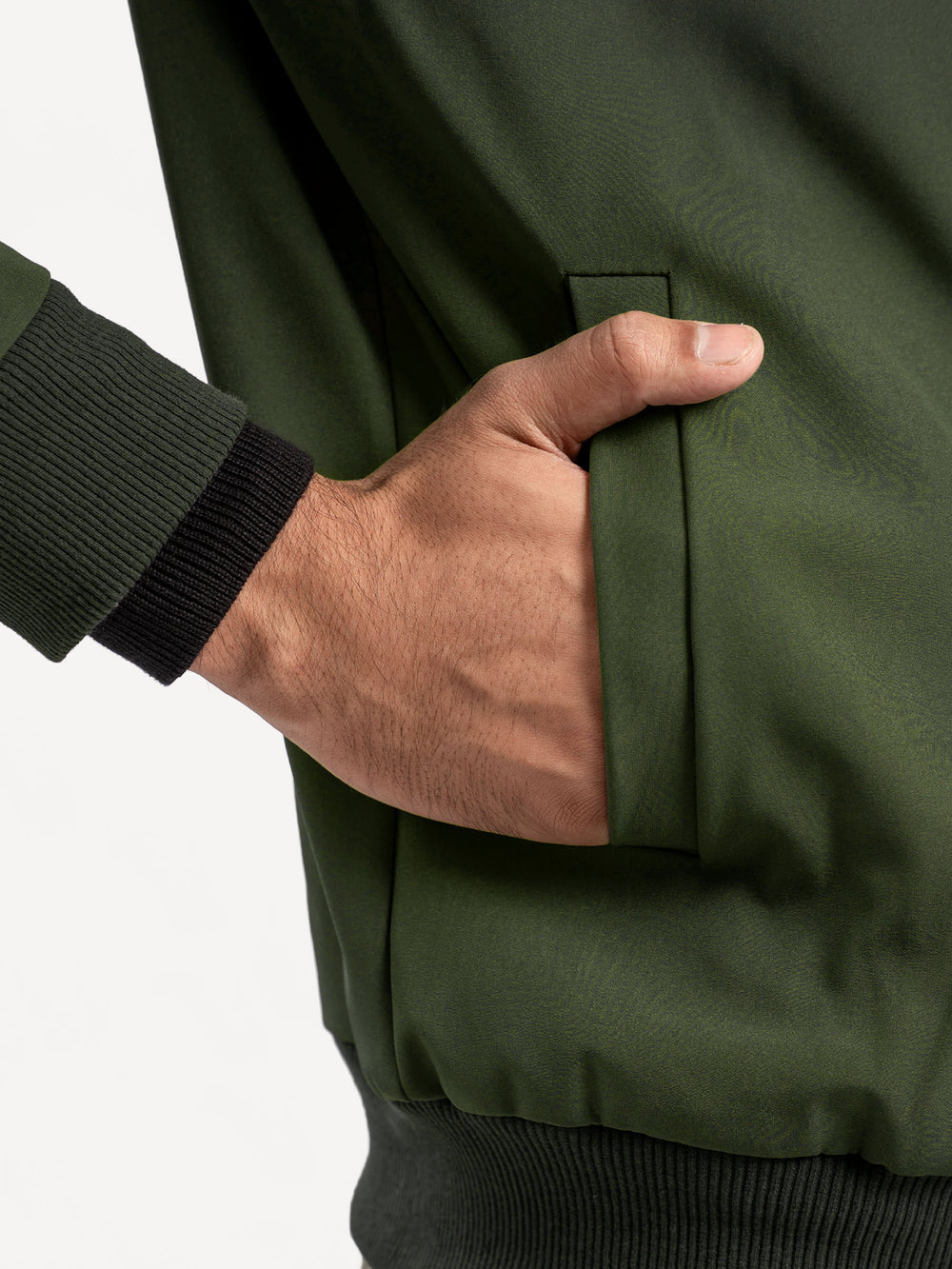 Olive polyester bomber jacket back detail