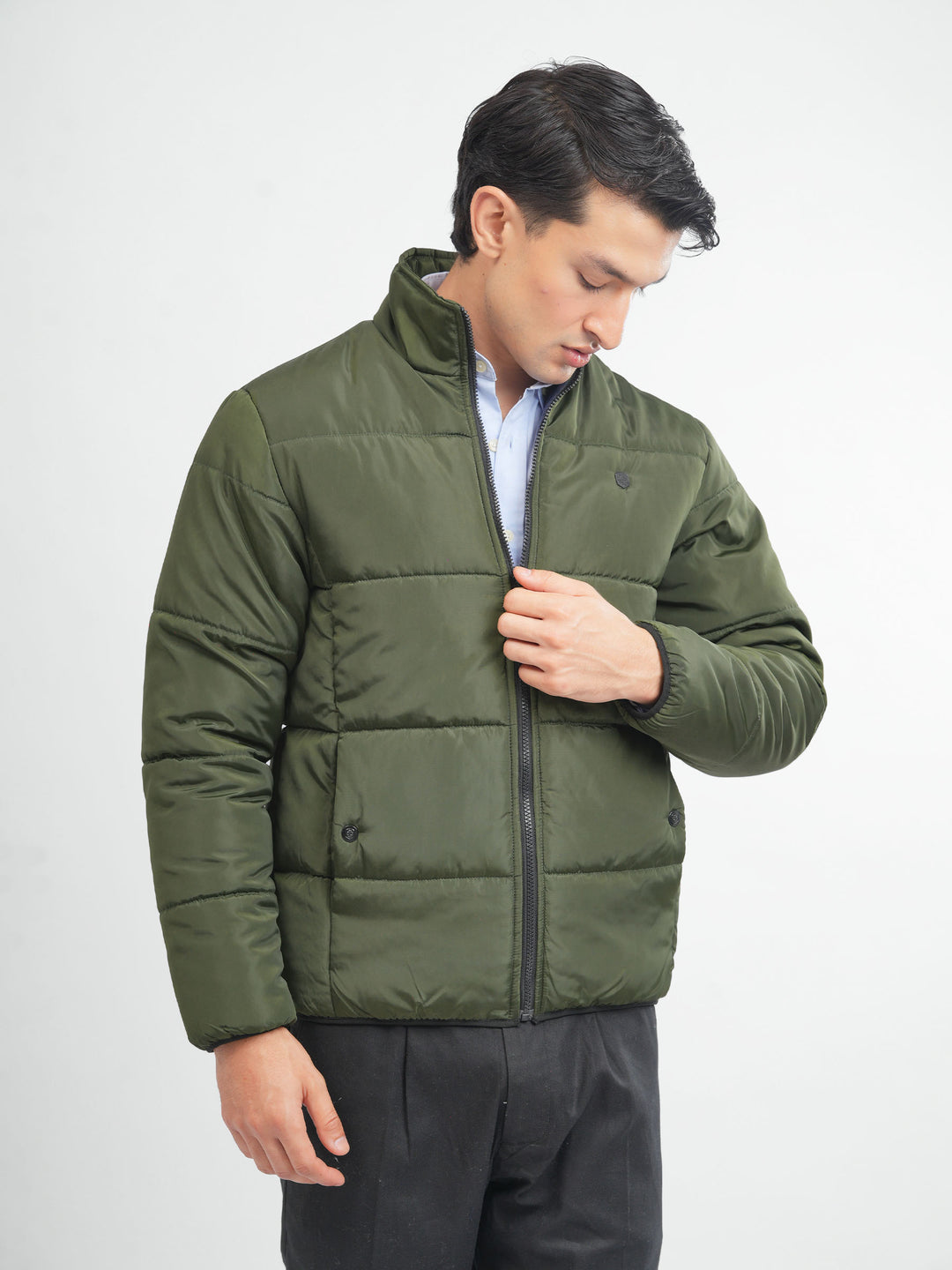 Men's olive green puffer jacket front view