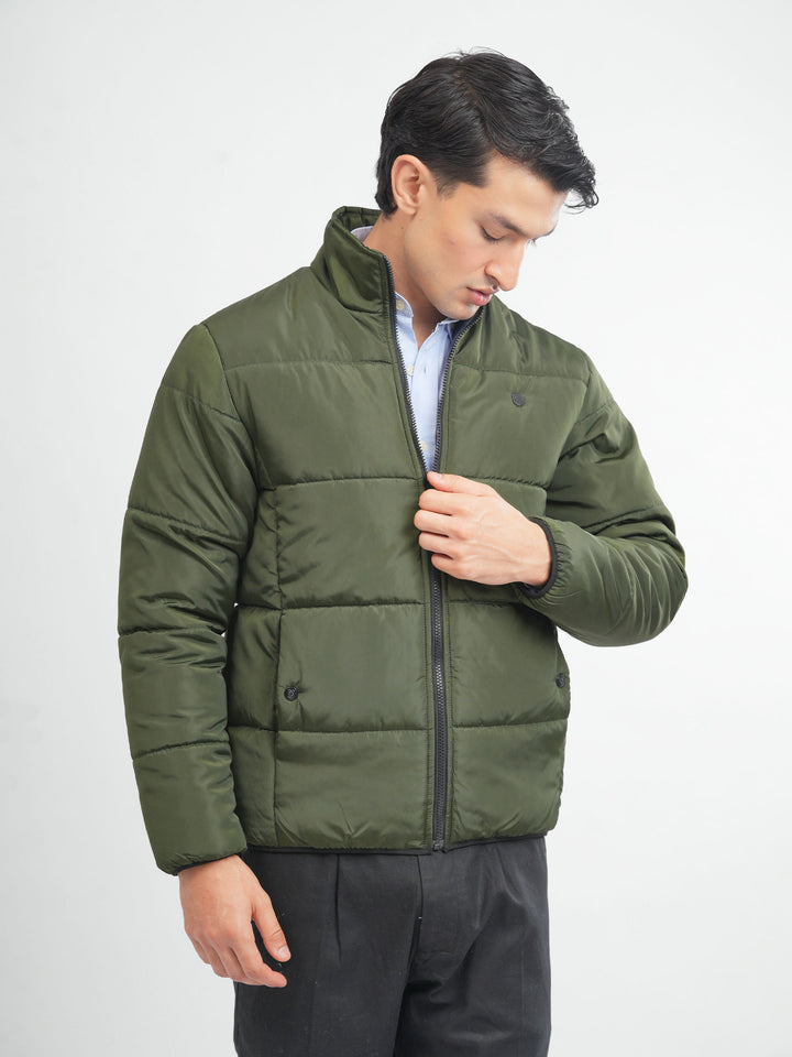 Men's olive green puffer jacket front view