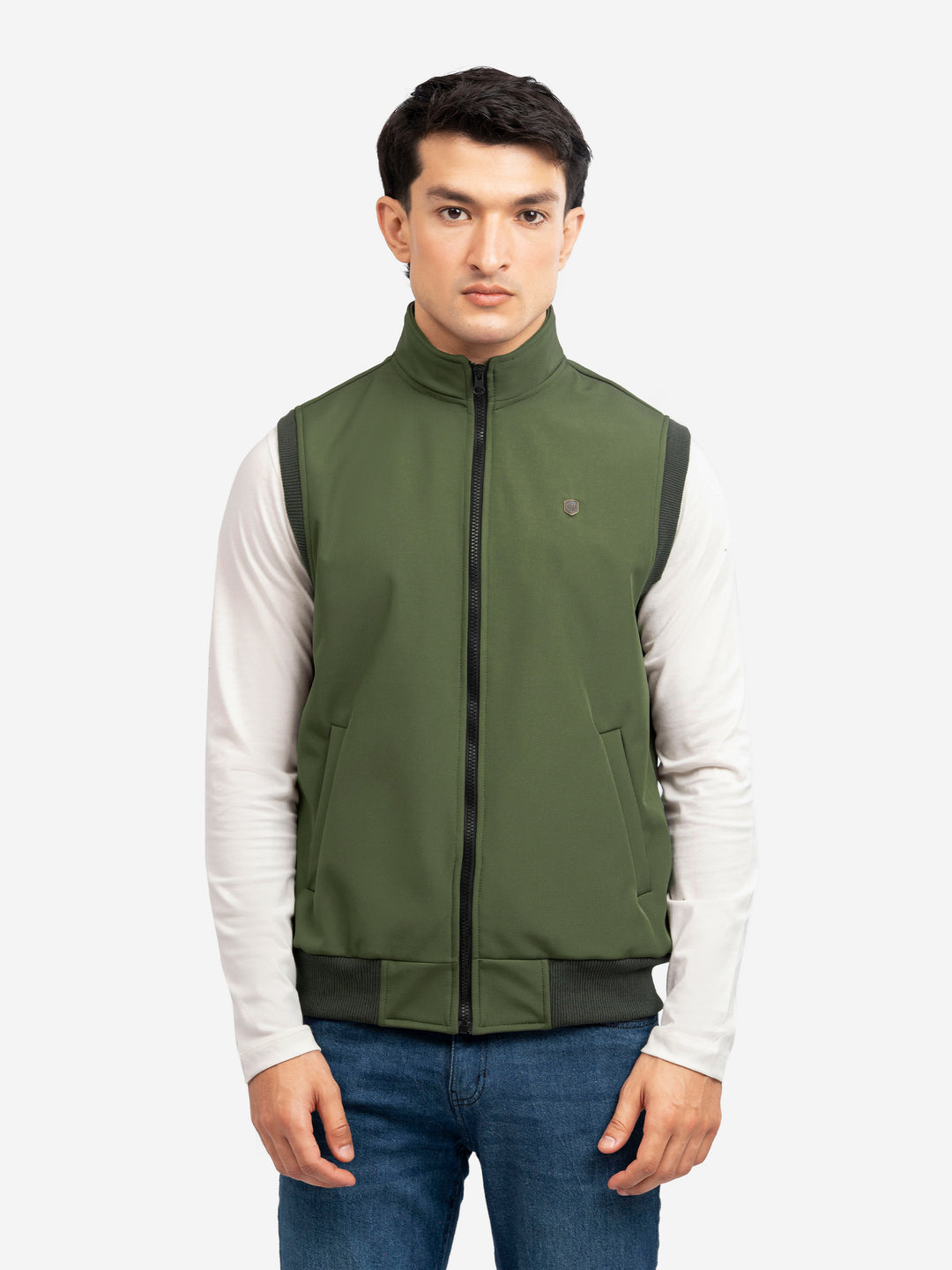 Men's olive green sleeveless jacket front view