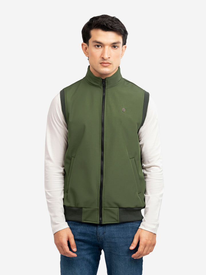 Men's olive green sleeveless jacket front view