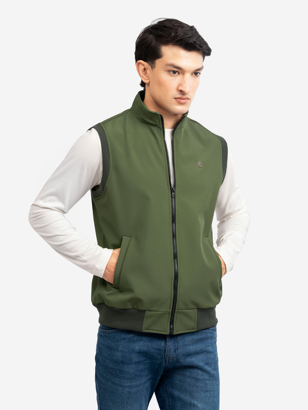 Men's olive green sleeveless jacket front view