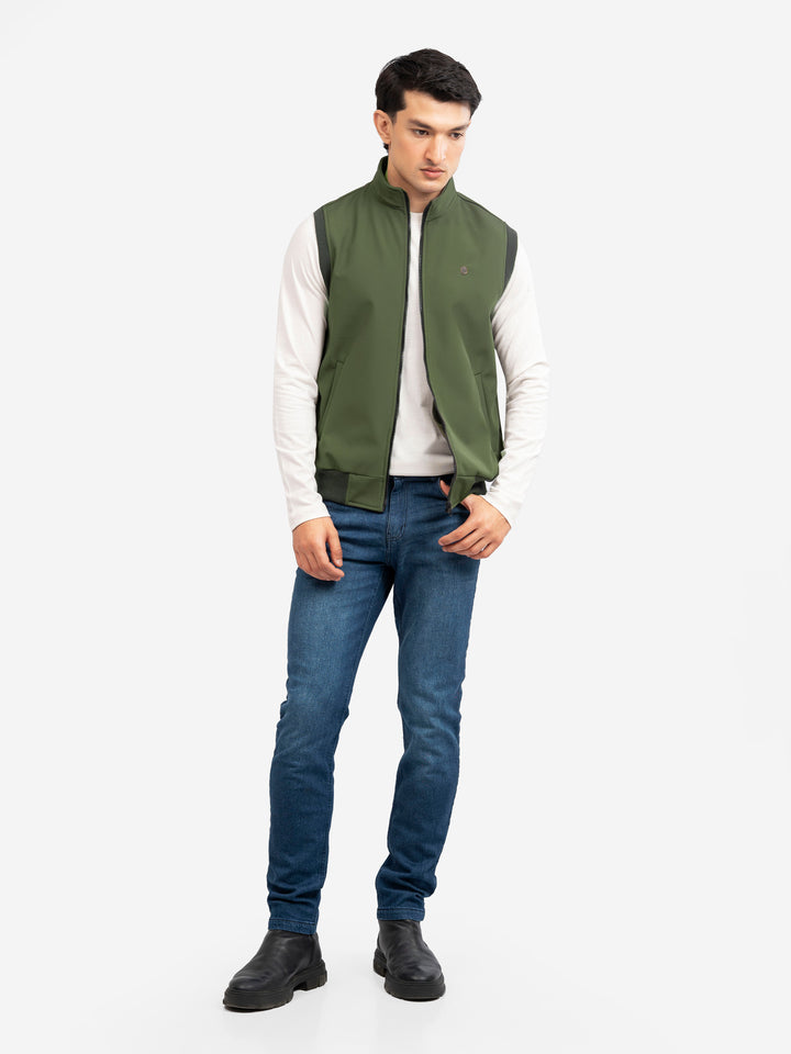 Olive Green Sleeveless Zipper Jacket - Essential