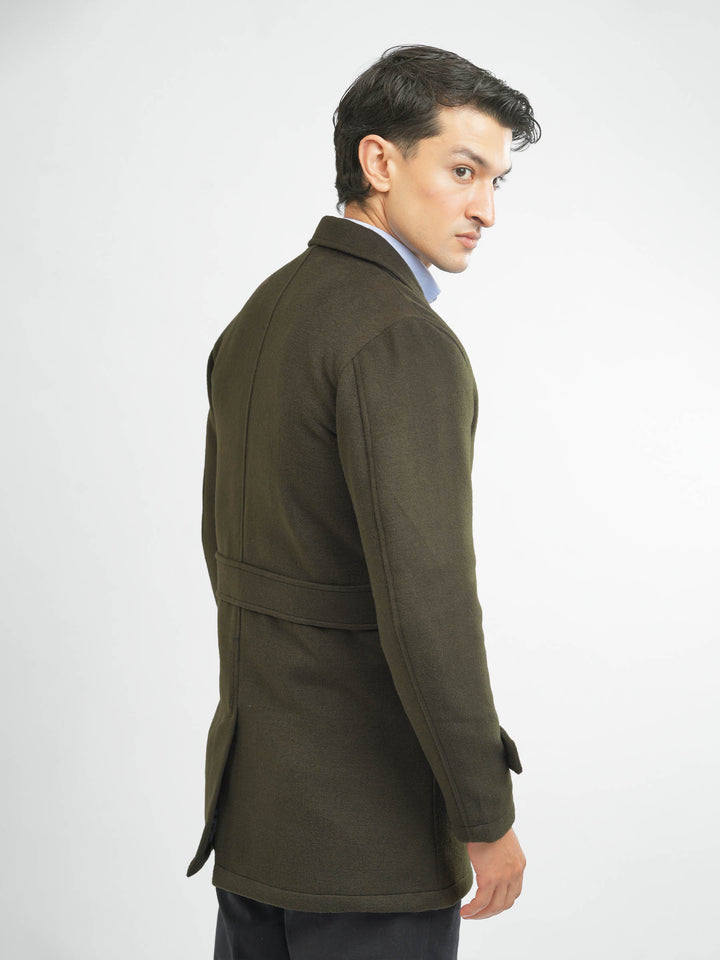 Back View of Tailored Olive Green Winter Coat