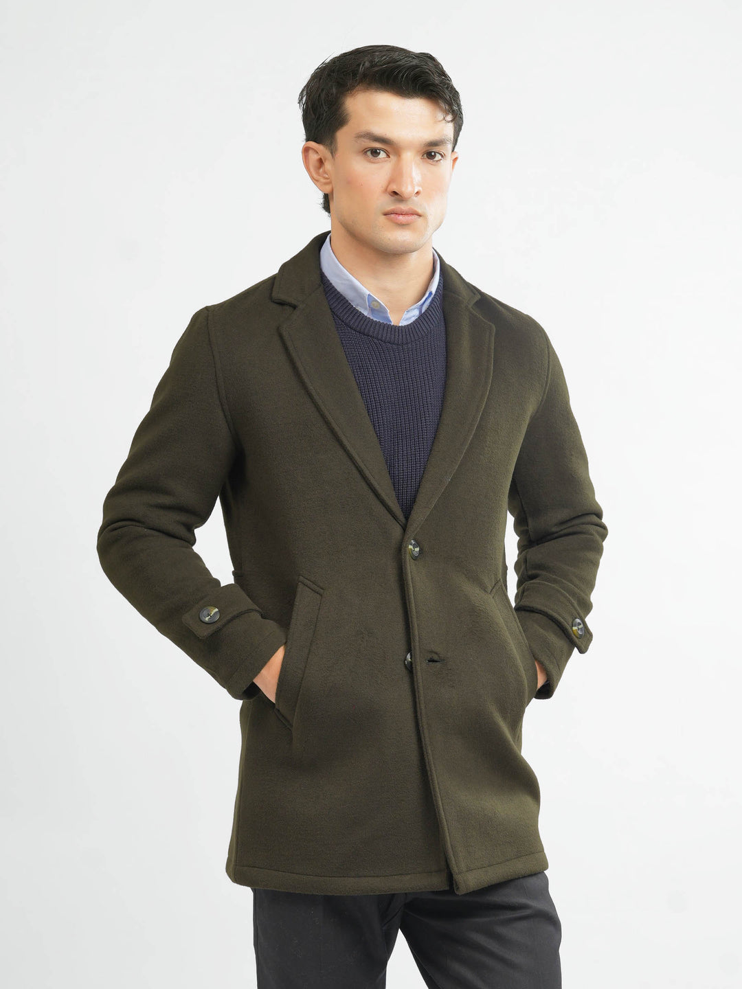 Brumano men's olive green wool blended over coat front view