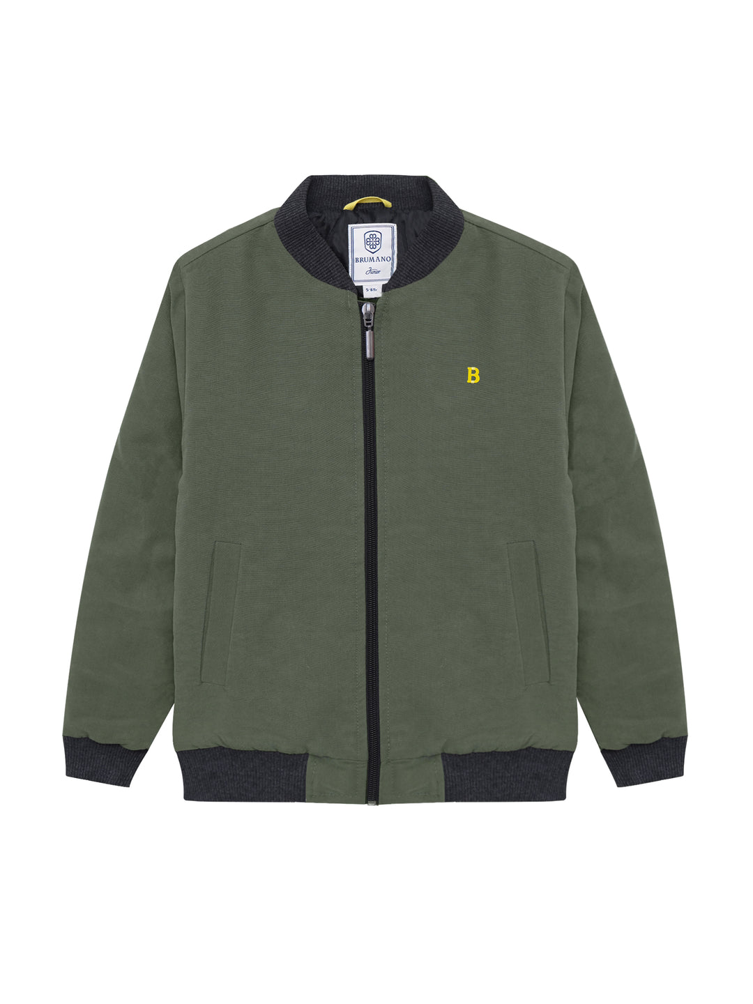 Junior olive quilted bomber jacket front view