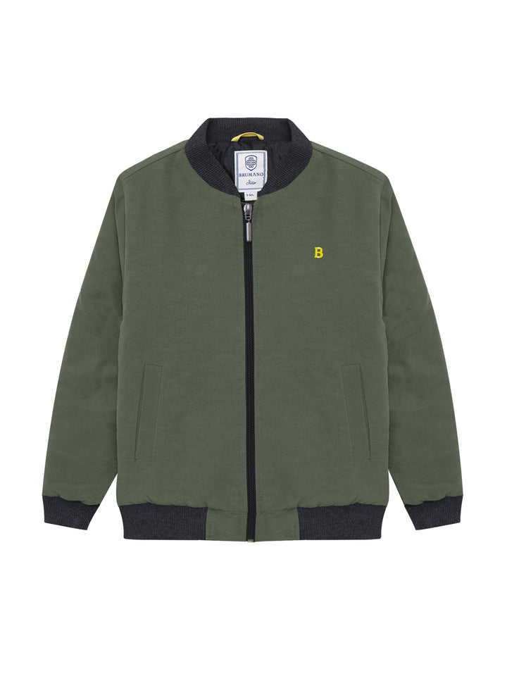 Junior olive quilted bomber jacket front view