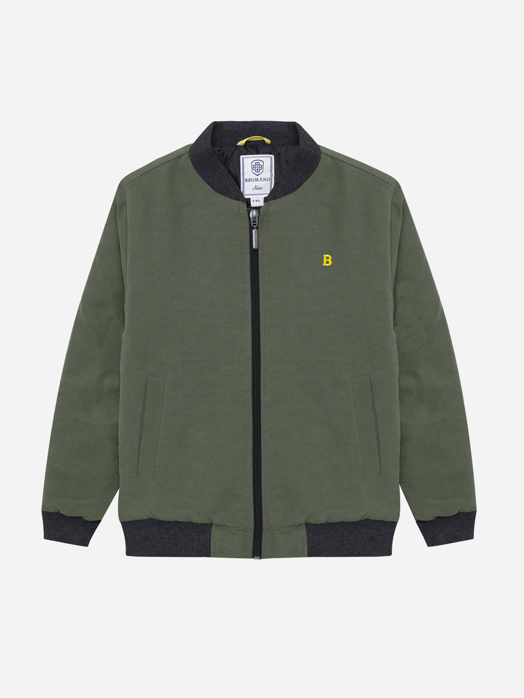Junior olive quilted bomber jacket front view