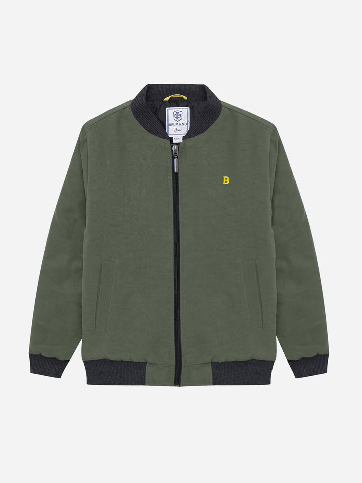Junior olive quilted bomber jacket front view