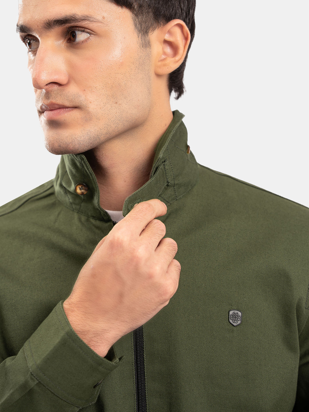 Olive Green Cotton Twill Casual Collar Jacket