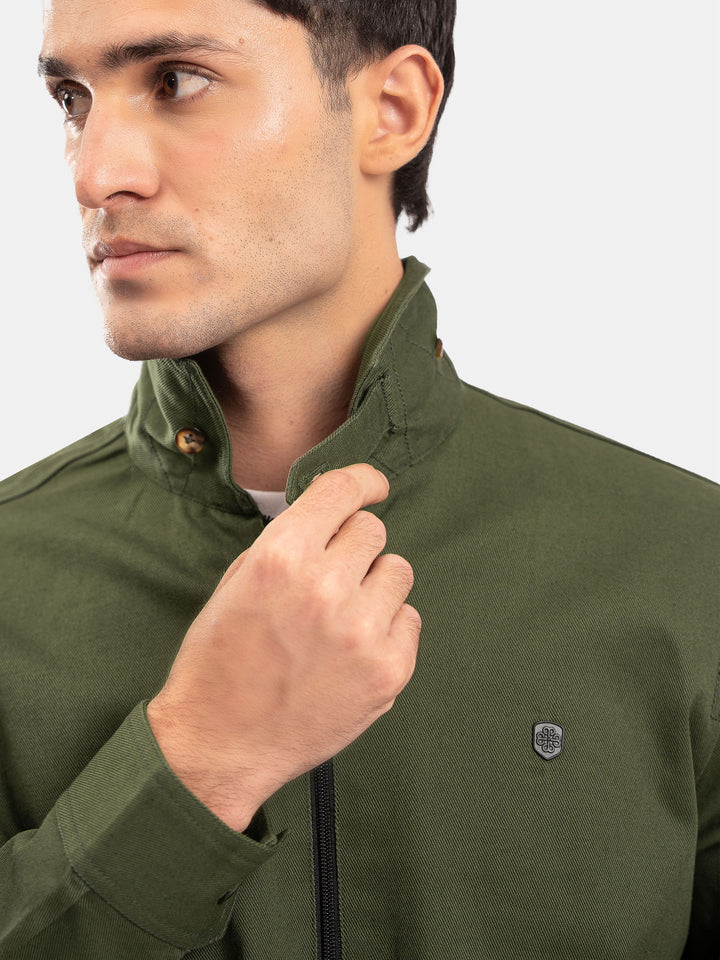 Olive Green Cotton Twill Casual Collar Jacket