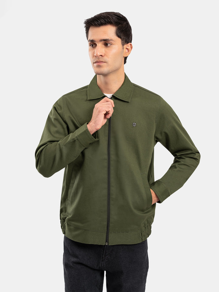 Olive Green Cotton Twill Casual Collar Jacket