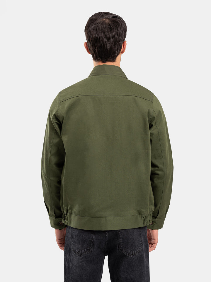 Olive Green Cotton Twill Casual Collar Jacket
