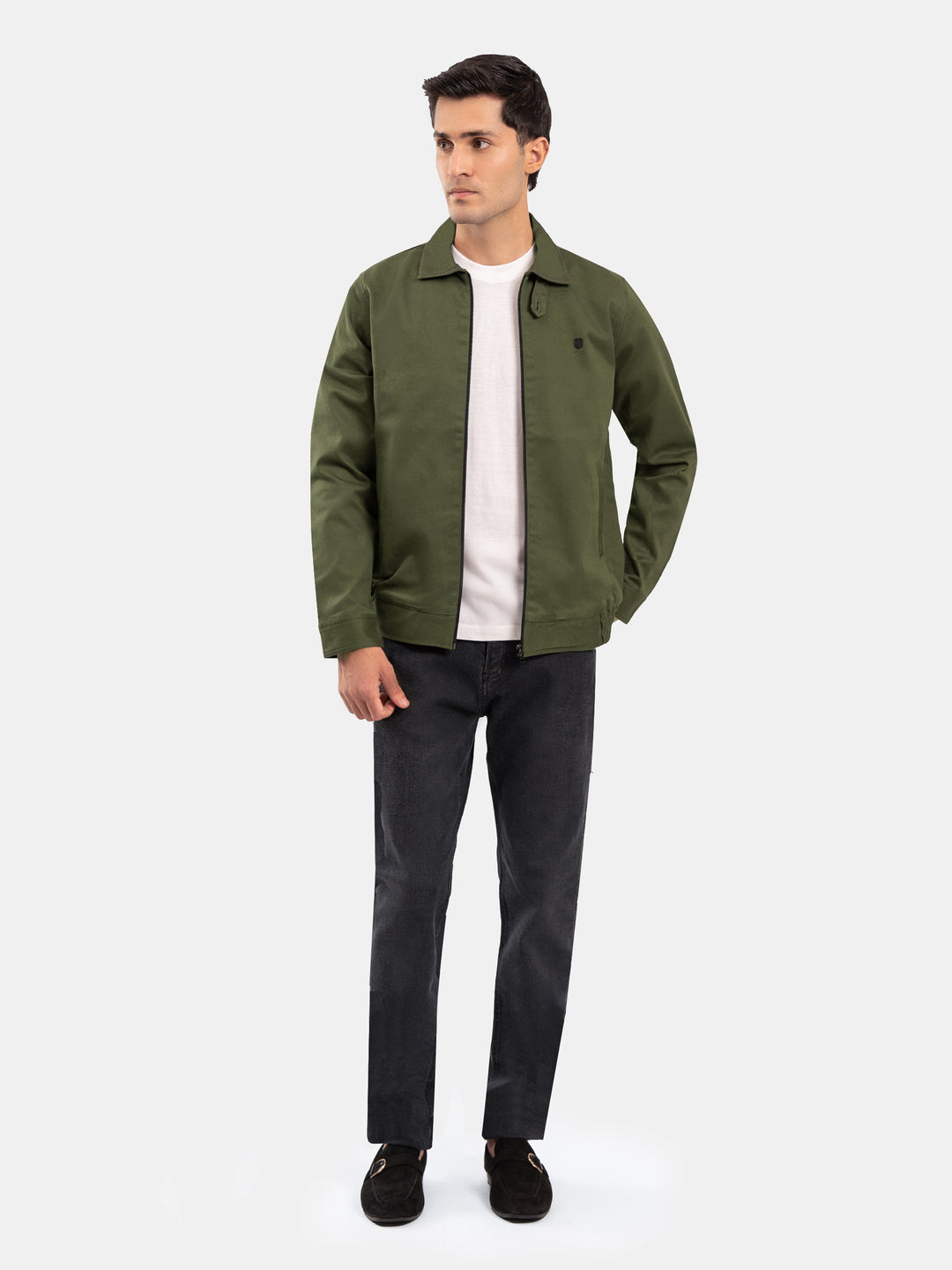 Olive Green Cotton Twill Casual Collar Jacket