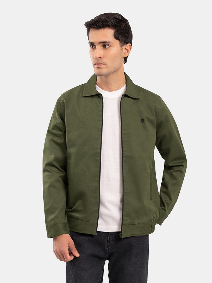 Olive Green Cotton Twill Casual Collar Jacket