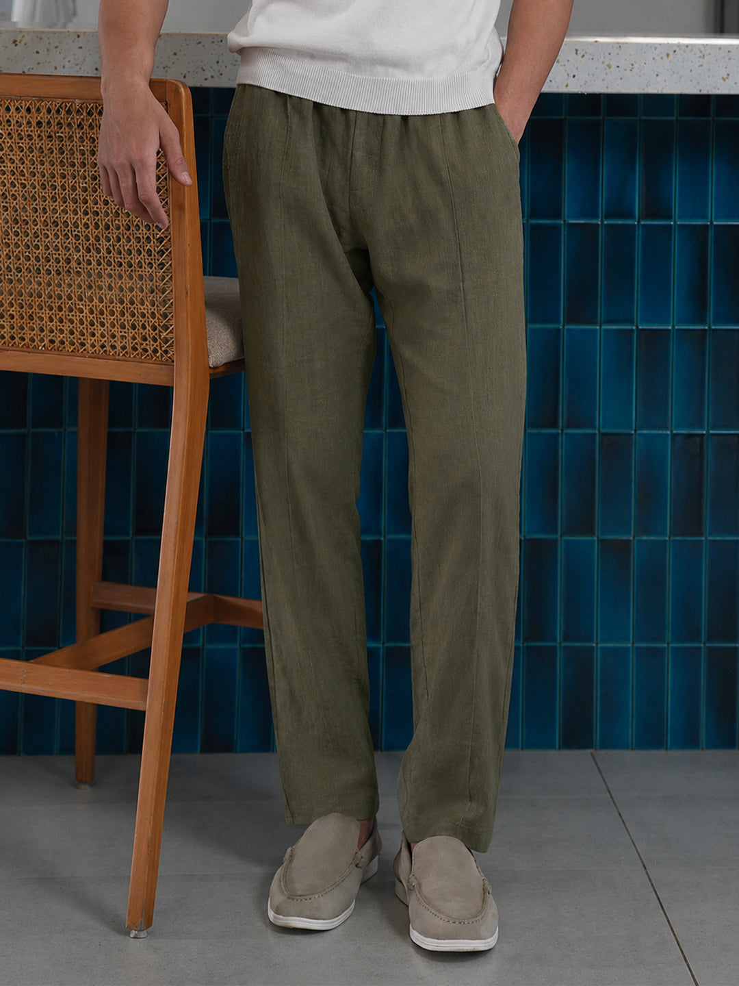 Men's olive green linen blend casual pajama front view
