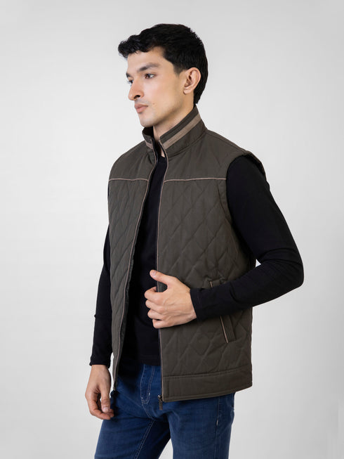 Olive Green Quilted Sleeveless Jacket