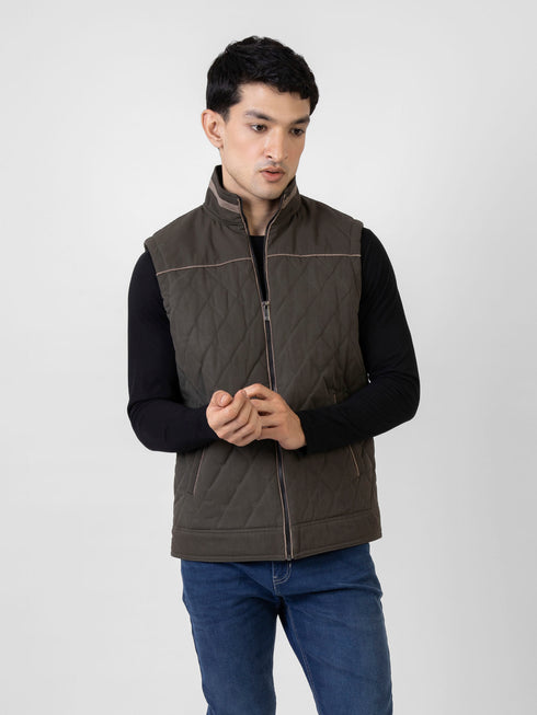 Olive Green Quilted Sleeveless Jacket