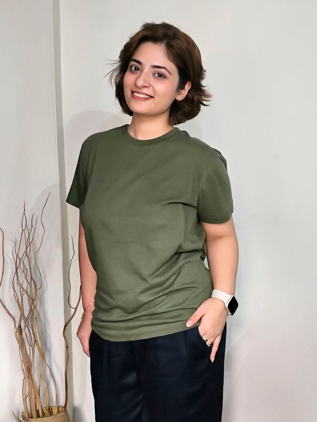 Olive Green 100% Cotton Basic Tee - Women